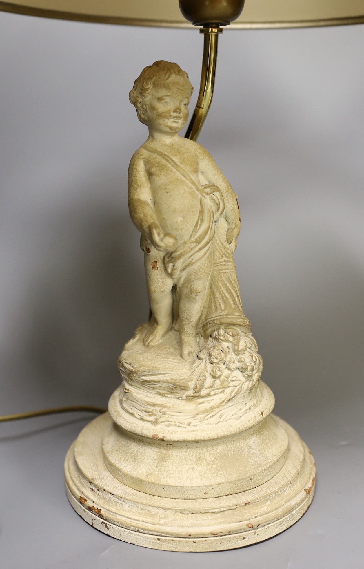 A pair painted composition cherub lamps on plinth base, altogether 43cm tall